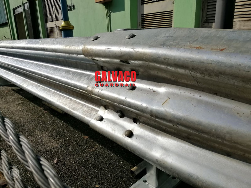 A closeup photo of our Thrie Beam Guardrail which is galvanized for robustness and corrosion resistance